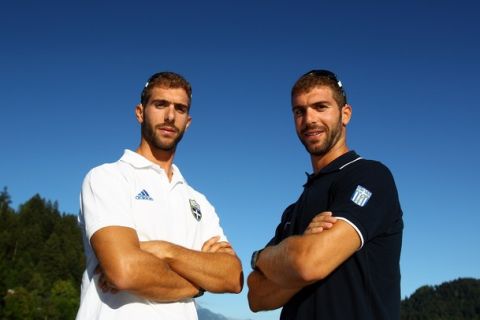 BLED, SLOVENIA - AUGUST 28:  Identical twins Apostolos Gkountoulas and Nikolaos Gkountoulas of Greece, who row in the Men's Pair, pose for a picture during day one of the FISA Rowing World Championships at Lake Bled on August 28, 2011 in Bled, Slovenia.  (Photo by Richard Heathcote/Getty Images)