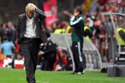 Benfica's coach Jorge Jesus reacts at the end of the UEFA Europa League semi-final second leg football match against Braga at Braga Stadium, on May 5, 2011. Braga edged domestic rivals Benfica 1-0 in a nerve-jangling semi-final second leg to set up an all-Portuguese Europa League final with league champions FC Porto.  AFP PHOTO / FRANCISCO LEONG (Photo credit should read FRANCISCO LEONG/AFP/Getty Images)