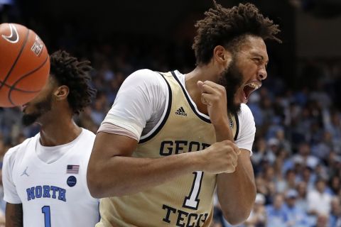 Georgia Tech forward James Banks III (1) reacts following a basket against North Carolina during the second half of an NCAA college basketball game in Chapel Hill, N.C., Saturday, Jan. 4, 2020. (AP Photo/Gerry Broome)