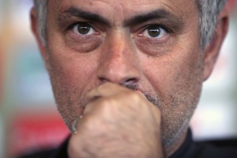 Manchester United manager Jose Mourinho during the press conference at the the club's training complex, in Manchester England  Wednesday April 19, 2017.  United will play Anderlecht in a Europa League quarterfinal match  on Thursday. (Nick Potts/PA via AP)