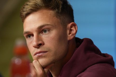 Bayern's Joshua Kimmich attends a news conference in Munich, Germany, Monday, April 29, 2024, ahead of the Champions League semi final first leg soccer match between FC Bayern Munich and Real Madrid. (AP Photo/Matthias Schrader)