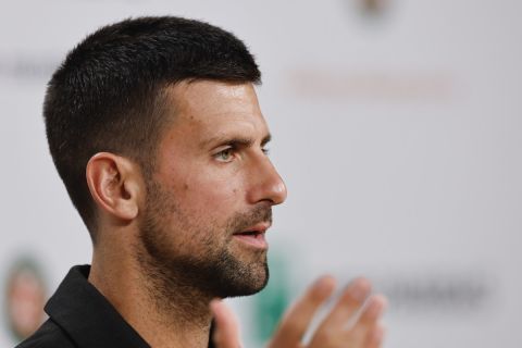 Serbia's Novak Djokovic speaks during a press conference prior to his first round match of the French Open tennis tournament at the Roland Garros stadium in Paris, Sunday, May 26, 2024. (AP Photo/Jean-Francois Badias)