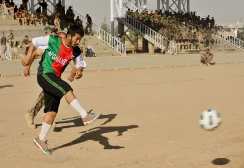 Multi national football tournament, five teams from Afghanistan, British, USA, Danish and Bahrain competed in a knockout competition in Camp Bastion on Sunday 10th October 2010.  This image show the game between the Afghanistan and Denmark.

Date: 10th Oct 2010
Location: Afghanistan
Unit: Service Personnel from Afghanistan, British, USA, Danish and Bahrain
Photographer: Corporal Mark Webster
MOD Crown Copyright 2010

JMOC
Media Ops
Afghanistan
BFPO 792
