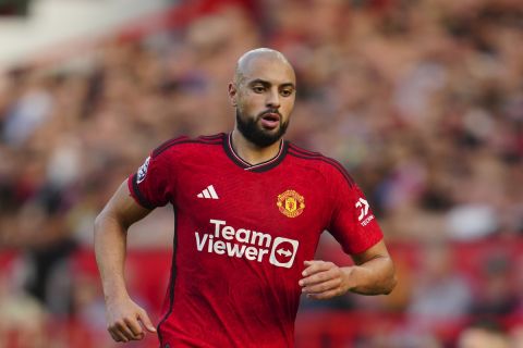 Manchester United's Sofyan Amrabat during the English Premier League soccer match between Manchester United and Brentford at the Old Trafford stadium in Manchester, England, Saturday, Oct. 7, 2023.(AP Photo/Jon Super)