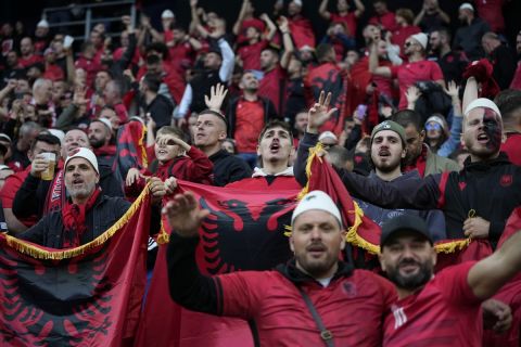 Albania fans cheer prior to the Group B match between Italy and Albania at the Euro 2024 soccer tournament in Dortmund, Germany, Saturday, June 15, 2024. (AP Photo/Alessandra Tarantino)