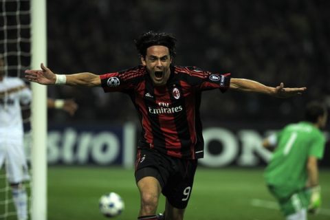 AC Milan's forward Filippo Inzaghi (C) celebrates scoring against Real Madrid during their Champions League Group G football match on November 3, 2010 at San Siro stadium in Milan. AFP PHOTO / OLIVIER MORIN (Photo credit should read OLIVIER MORIN/AFP/Getty Images)