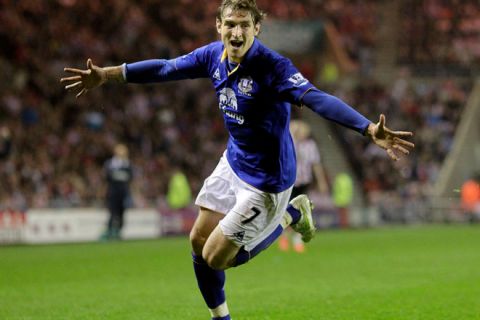 Everton's Croatian striker, Nikica Jelavic celebrates the scoring of  their second goal against Sunderland during an English FA Cup, sixth-round replay football match  at the Stadium of Light, Sunderland,  on March 27, 2012. AFP PHOTO/GRAHAM STUART

RESTRICTED TO EDITORIAL USE. No use with unauthorized audio, video, data, fixture lists, club/league logos or "live" services. Online in-match use limited to 45 images, no video emulation. No use in betting, games or single club/league/player publications. (Photo credit should read GRAHAM STUART/AFP/Getty Images)