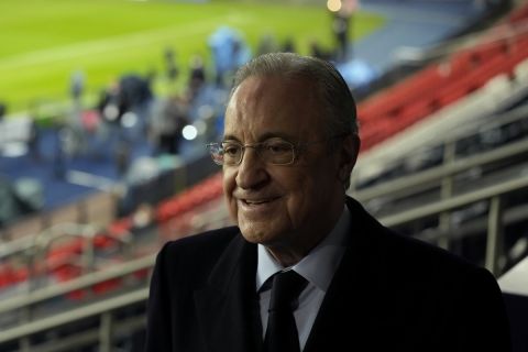 Real Madrid's President Florentino Perez attends a training session of the Real Madrid at the Parc des Princes Stadium in Paris, France, Monday, Feb. 14, 2022. Paris Saint Germain will play its Champions League round of 16, first leg, soccer match against Real Madrid on Tuesday. (AP Photo/Francois Mori)