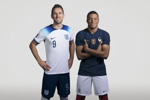 (EDITORS NOTE:THIS IMAGE HAS BEEN RETOUCHED) In this composite image, a comparison has been made between (L-R) Harry Kane of England and Kylian Mbappe who are posing during the official FIFA World Cup 2022 portrait sessions. England and France meet in one of the quarter finals of the FIFA World Cup 2022. (Photo by FIFA/FIFA via Getty Images)