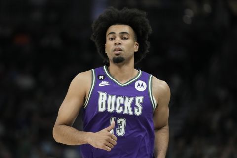 Milwaukee Bucks' Jordan Nwora during the second half of an NBA basketball game against the New York Knicks Friday, Oct. 28, 2022, in Milwaukee. The Bucks won 119-108. (AP Photo/Morry Gash)