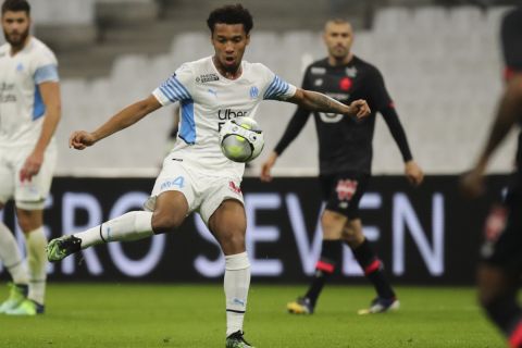 Marseille's Boubacar Kamara shoots the ball during a French League