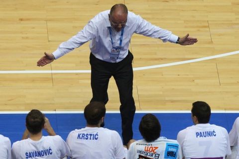 VILNIUS, LITHUANIA - SEPTEMBER 07: Head coach Dusan Ivkovic  of Serbia issues instructions during the EuroBasket 2011 second round group A match between Serbia and Lithuania at Siemens Arena on September 7, 2011 in Vilnius, Lithuania. (Photo by Christof Koepsel/Bongarts/Getty Images)