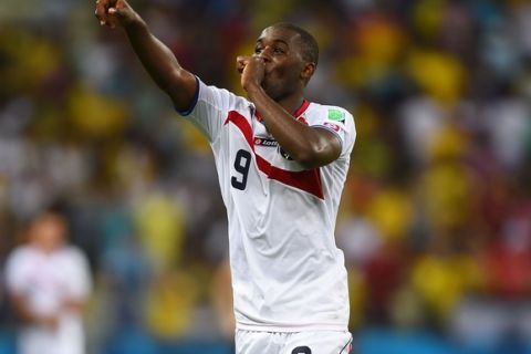 FORTALEZA, BRAZIL - JUNE 14:  Joel Campbell of Costa Rica celebrates after defeating Uruguay 3-1 during the 2014 FIFA World Cup Brazil Group D match between Uruguay and Costa Rica at Castelao on June 14, 2014 in Fortaleza, Brazil.  (Photo by Laurence Griffiths/Getty Images)