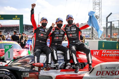 
TOYOTA GAZOO Racing. 
World Endurance Championship.
Le Mans 24 Hours Race
Le Mans Circuit, France
16th to 22nd August 2021

 Kamui Kobayashi (JPN) Mike Conway (GBR) Jose Maria Lopez (ARG) celebrate their win.