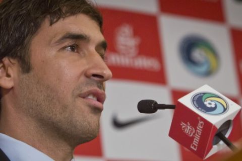 Former Spanish national soccer team captain and former Real Madrid star Raúl González Blanco speaks during a press conference, where he is introduced as the newest member of the New York Cosmos, Tuesday Dec. 9, 2014 in New York.  (AP Photo/Bebeto Matthews)