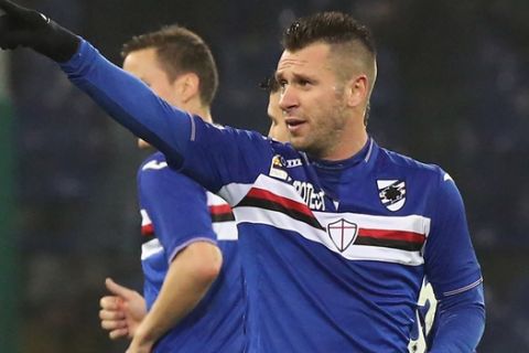 Sampdoria's Antonio Cassano celebrates after scoring a goal during a Serie A soccer match between Sampdoria and Juventus Milan, in Genoa, Italy, Sunday, Jan. 10, 2016. (AP Photo/Carlo Baroncini)