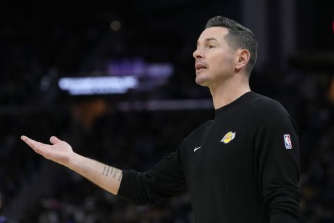 Los Angeles Lakers head coach JJ Redick during an NBA preseason basketball game against the Golden State Warriors in San Francisco, Friday, Oct. 18, 2024. (AP Photo/Jeff Chiu)