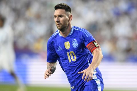 Argentina forward Lionel Messi in action during the first half of an international friendly soccer match against Guatemala, Friday, June 14, 2024, in Landover, Md. (AP Photo/Nick Wass)