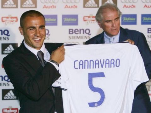 MADRID, SPAIN - JULY 25:  Fabio Cannavaro of Italy holds up his team shirt beside new club President Ramon Calderon during his official presentation as a new club signing on July 25, 2006 at the Santiago Bernabeu stadium in Madrid, Spain.  (Photo by Denis Doyle/Getty Images)