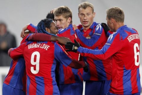 CSKA Moscow's players celebrate after scoring against Sparta Prague during their Europa League soccer match in Moscow September 30, 2010. REUTERS/Denis Sinyakov (RUSSIA - Tags: SPORT SOCCER)