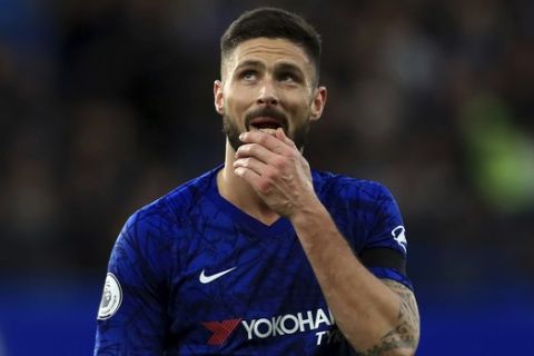 Chelsea's Olivier Giroud during the English Premier League soccer match between Chelsea and West Ham at Stamford Bridge Stadium in London, England, in London, England, Saturday, Nov. 30, 2019. (AP Photo/Leila Coker)