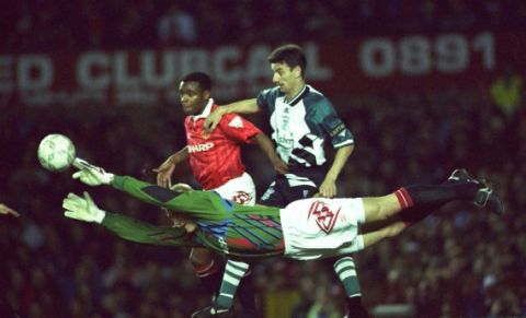 Manchester United v Liverpool 30/3/94 Premier League
Pic : Action Images 
Man Utd's Peter Schmeichel makes a flying save