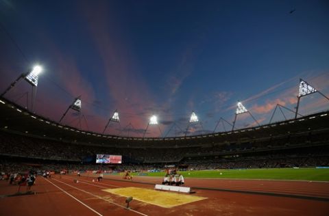 LONDON, ENGLAND - JULY 26:  A general view as an athlete competes in the Women's Triple Jumpcompetes on day one during the Sainsbury's Anniversary Games - IAAF Diamond League 2013 at The Queen Elizabeth Olympic Park on July 26, 2013 in London, England.  (Photo by Harry Engels/Getty Images)