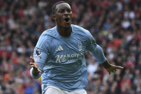 Nottingham Forest's Callum Hudson-Odoi during the English Premier League soccer match between Liverpool and Nottingham Forest at Anfield Stadium in Liverpool, England, Saturday, Sept. 14, 2024. (AP Photo/Rui Vieira)