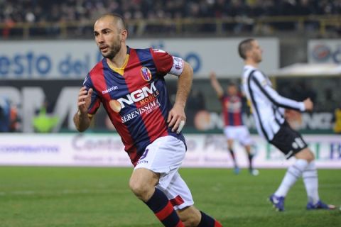 FC Bologna's forward Marco Di Vaio celebrates after scoring a goal during an Italian seria A football match Bologna against Juventus on March 7, 2012, in Bologna stadium. AFP PHOTO / OLIVIER MORIN (Photo credit should read OLIVIER MORIN/AFP/Getty Images)