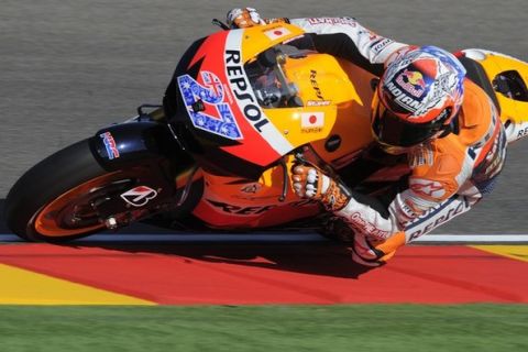 Repsol Honda Team's Australian Casey Stoner rides during the MotoGP first practice session of the Aragon Grand Prix at Motorland's racetrack in Alcaniz, on September 16, 2011. AFP PHOTO/LLUIS GENE (Photo credit should read LLUIS GENE/AFP/Getty Images)