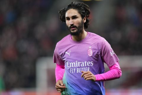 AC Milan's Yacine Adli is seen during the Europa League group of 16 second leg soccer match between Slavia Praha and AC Milan at the Fortuna Arena in Prague, Czech Republic, Thursday, March 14, 2024. (AP Photo/Petr David Josek)