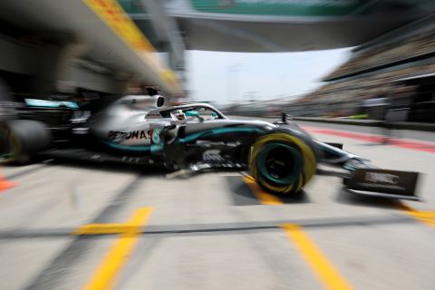 Mercedes driver Lewis Hamilton of Britain steers out from the garage during the third practice session for the Chinese Formula One Grand Prix at the Shanghai International Circuit in Shanghai on Saturday, April 13, 2019. (AP Photo/Ng Han Guan)