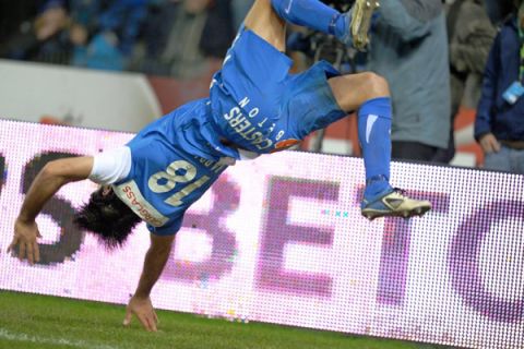 20110219 - GENK, BELGIUM: (L-R) Genk's Elyaniv Barda celebrates during the Belgian first division soccer match between KRC Genk and KV Mechelen, on the 27th day of the Belgian Jupiler Pro League championship, Saturday 19 February, in Genk.
BELGA PHOTO YORICK JANSENS