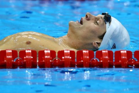 LONDON, ENGLAND - JULY 29:Yannick Agnel of France reacts after winning the gold in the Men's 4x100m Freestyle Relay on Day 2 of the London 2012 Olympic Games at the Aquatics Centre on July 29, 2012 in London, England.  (Photo by Al Bello/Getty Images)