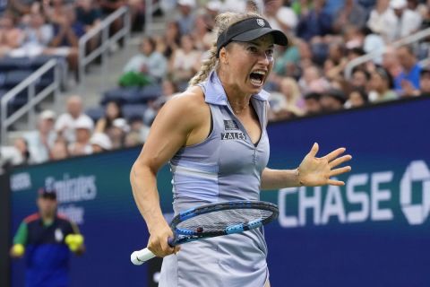 Yulia Putintseva, of Kazakhstan, reacts during a match against Jasmine Paolini, of Italy, during the third round of the U.S. Open tennis championships, Saturday, Aug. 31, 2024, in New York. (AP Photo/Kirsty Wigglesworth)