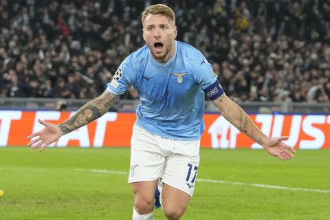 Lazio's Ciro Immobile celebrates after scoring his side's first goal during the Champions League, group E, soccer match between Lazio and Celtic at Rome's Olympic stadium, Tuesday, Nov. 28, 2023. (AP Photo/Alessandra Tarantino)