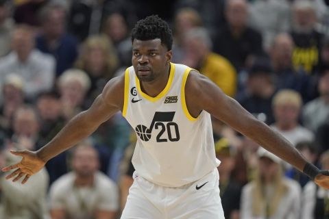 Utah Jazz center Udoka Azubuike (20) defends during the second half of an NBA basketball game against the Dallas Mavericks Monday, Feb. 6, 2023, in Salt Lake City. (AP Photo/Rick Bowmer)