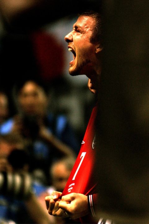 David Beckham of England celebrates after scoring the winning goal against Argentina.