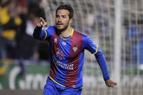 Levante's midfielder Xavi Torres celebrates his goal during the Spanish league football match Levante UD vs Betis on March 5, 2012 at Ciutat de Valencia. AFP PHOTO/ JOSE JORDAN (Photo credit should read JOSE JORDAN/AFP/Getty Images)