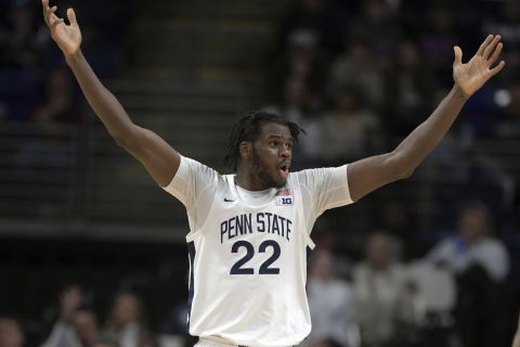 Penn State's Qudus Wahab (22) reacts after being called for basket interference during the second half of an NCAA college basketball game against Indiana, Saturday Feb. 24, 2024, in State College, Pa. (AP Photo/Gary M. Baranec)