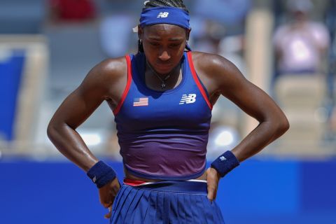 Coco Gauff of United States reacts after arguing with the umpires during her women's singles third round match against Donna Vekic of Croatiathe, at the 2024 Summer Olympics, Tuesday, July 30, 2024, at the Roland Garros stadium in Paris, France. (AP Photo/Andy Wong)