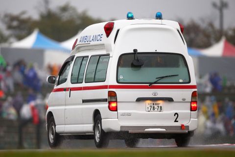 SUZUKA, JAPAN - OCTOBER 05:  Jules Bianchi of France and Marussia is rushed away by ambulance after crashing during the Japanese Formula One Grand Prix at Suzuka Circuit on October 5, 2014 in Suzuka, Japan.  (Photo by Clive Mason/Getty Images)