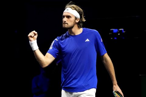 Team Europe's Stefanos Tsitsipas reacts during his singles tennis match against team World's Thanasi Kokkinakis on the first day of the Laver Cup tennis tournament at the Uber arena in Berlin, Germany, Friday, Sept. 20, 2024. (AP Photo/Ebrahim Noroozi)