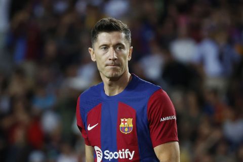 Barcelona's Robert Lewandowski during a Spanish La Liga soccer match between Barcelona and Celta at the Olympic Stadium of Montjuic in Barcelona, Spain, Saturday, Sept. 23, 2023. (AP Photo/Joan Monfort)