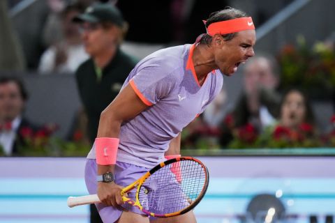 Rafael Nadal, of Spain, celebrates against Alex de Minaur, of Australia, during the Mutua Madrid Open tennis tournament in Madrid, Saturday, April 27, 2024. (AP Photo/Manu Fernandez)