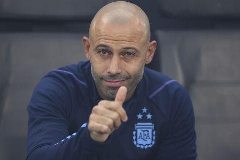 Argentina's coach Javier Mascherano gestures to photographers prior to a FIFA U-20 World Cup Group A soccer match against Uzbekistan at the Santiago del Estero Stadium in Santiago del Estero, Argentina, Saturday, May 20, 2023. (AP Photo/Nicolas Aguilera)