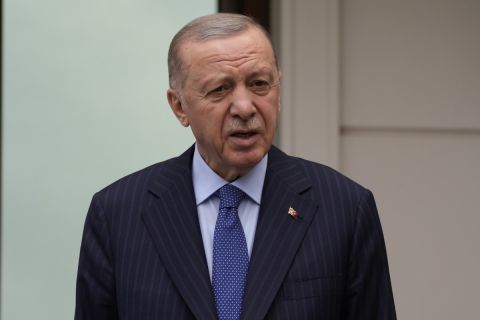 Turkish President Recep Tayyip Erdogan speaks to the media during a presser following the Friday noon prayer in Istanbul, Turkey, Friday, May 3, 2024.(AP Photo/Khalil Hamra)