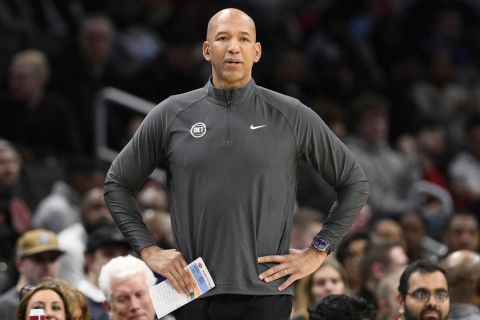 Detroit Pistons head coach Monty Williams looks on during the first half of an NBA basketball game against the Washington Wizards, Friday, March 29, 2024, in Washington. (AP Photo/Nick Wass)