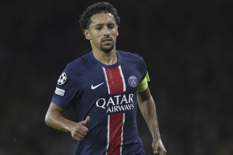 PSG's Marquinhos during a Champions League opening phase soccer match between Arsenal FC and Paris Saint-Germain at Arsenal stadium in London, England, Tuesday, Oct. 1, 2024. (AP Photo/Alastair Grant)