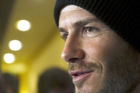 Los Angeles Galaxy soccer player David Beckham speaks to the media during a press conference in Toronto on Tuesday, April 12, 2011. The Galaxy taken on Toronto FC in an MLS soccer match on Wednesday. (AP Photo/The Canadian Press, Nathan Denette)